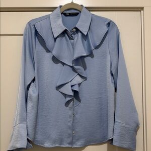 Zara Women's Light Blue Ruffle Front Blouse